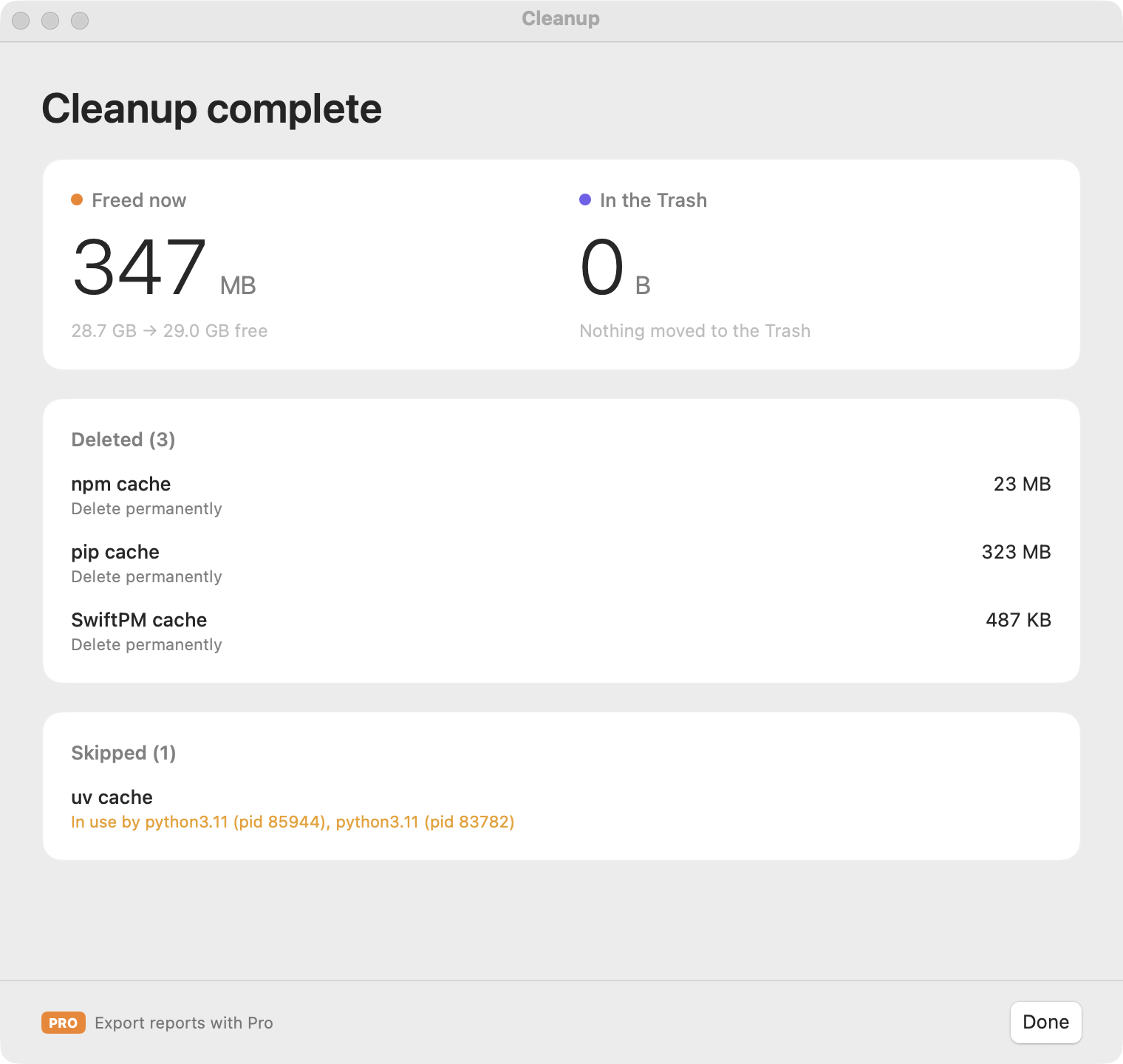The cleanup report: 347 MB freed, 28.7 GB to 29.0 GB free, three items deleted, and the uv cache skipped because python3.11 was using it.