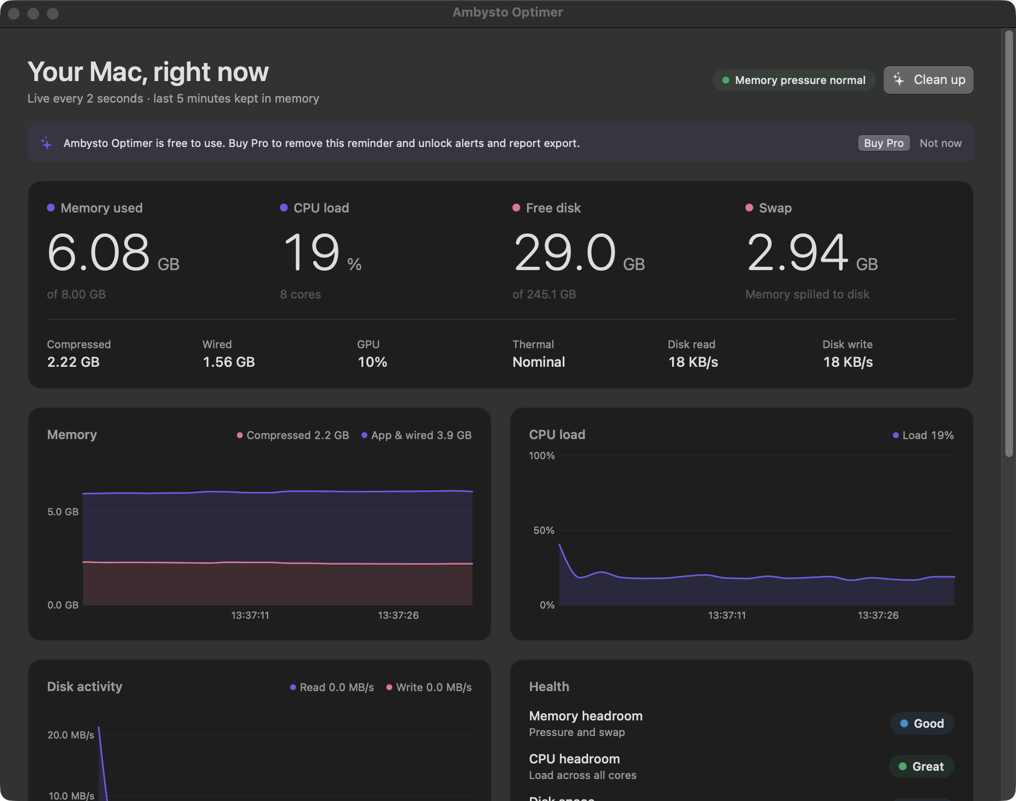 The Ambysto Optimer dashboard in dark mode: memory used, CPU load, free disk and swap as large numbers, with live charts below.